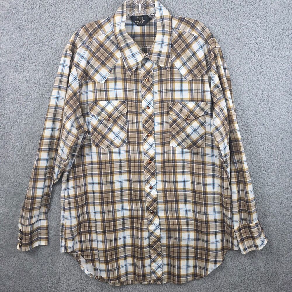 Vintage Sears Western Wear Shirt Mens XL Beige Plaid Pearl Snap 70s 80s Cowboy